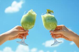 Two hands toasting with iced matcha green tea against blue sky photo
