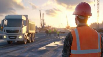 Construction engineer supervising industrial site at sunset with trucks and cranes photo
