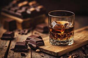 Glass of whiskey with ice cubes and chocolate on rustic wooden table photo