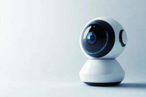 White futuristic security camera monitoring on white background photo