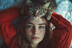 Beautiful model holding tabby cat on head, fashion and lifestyle photo