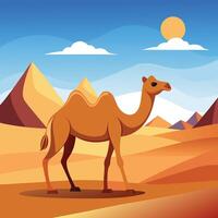 a flat illustration of a camel, blue sky in the desert sand hills vector