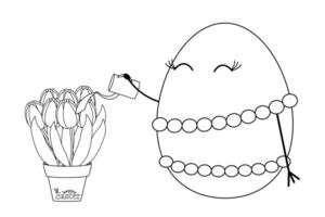Adorable black and white Easter egg character watering tulips in a pot with - Happy Easter - text. Ideal for coloring page. vector