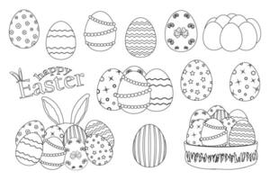 Hand-drawn set Easter eggs with intricate patterns, floral designs, and festive - Happy Easter - text in a doodle style. Coloring Page for kids. vector