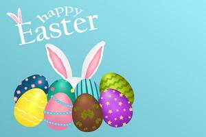 Vibrant Easter eggs with bunny ears and Happy Easter text on a blue background, perfect for holiday greetings. vector