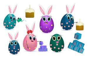 Colorful Easter eggs with bunny ears, cupcakes, and playful block letters. vector