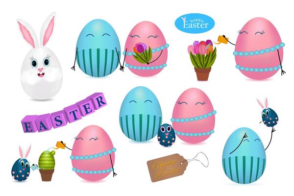 A colorful set of adorable Easter egg characters, a bunny, flowers, and decorative elements celebrating the holiday.