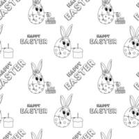 Black and white Easter seamless pattern with anthropomorphic bunny-eggs, festive Easter cake, and - Happy Easter - text, ideal for coloring page. vector