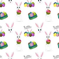 Cute seamless pattern with Easter bunny, tulips, and colorful decorated eggs. vector