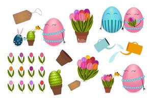 A collection of adorable Easter egg characters, tulips, watering cans, and potted plants in a festive holiday theme. vector