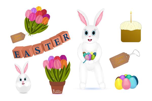 A festive Easter clipart set featuring a bunny, colorful eggs, tulips, holiday cake, and decorative tags. Perfect for greeting cards and seasonal designs.