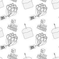 Black and white Easter Seamless patterns featuring tulip bouquets, festive Easter cakes, Happy Easter tags, and decorative blocks. Ideal for coloring page. vector