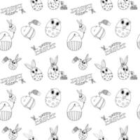 Black and white Easter seamless pattern featuring adorable egg characters, bunnies, cupcakes, and - Happy Easter - text. Coloring Page for kids. vector