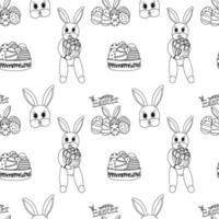 Easter seamless pattern with cute anthropomorphic bunnies, egg baskets, and festive elements. Perfect for kids crafts, coloring page, textile prints, and coloring fun. vector