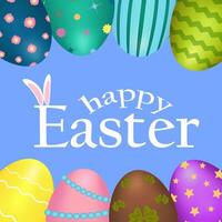 Vibrant Easter eggs with patterns and Happy Easter text on a blue background. vector
