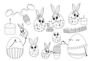 Black and white Easter coloring page featuring set bunny-eggs, holiday decorations, Easter cake, and playful activities. vector