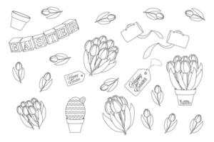 Easter set featuring tulips, gift tags, decorative eggs, and Happy Easter elements in black and white. Coloring Page for kids. vector