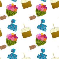 Festive Easter pattern with tulips, cakes, and decorative elements on a white background, perfect for holiday designs. vector
