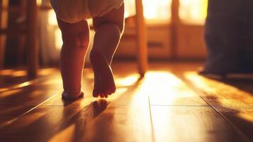 Baby taking first steps on hardwood floor in warm sunlight photo