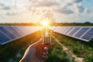 Hand holding light bulb in solar panel field symbolizing green energy innovation photo