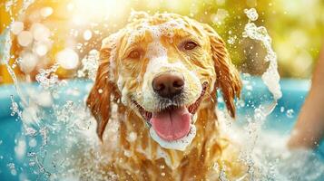 Golden retriever taking a bath and playing in a pool with foam photo
