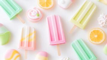 Colorful pastel popsicles and lemon slices on white background photo