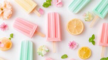 Colorful pastel popsicles with flowers and lemon slices on white background photo