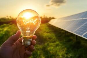 Hand holding light bulb with solar panel in background at sunset photo