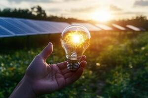 Hand holding illuminated light bulb with solar panels in background at sunset photo