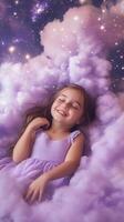 Little girl dreaming, lying on purple clouds under a starry sky photo