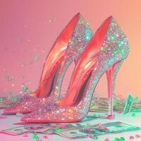 Sparkling pink high heels with gemstones on money and pink background photo