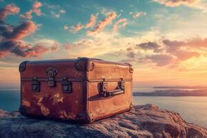 Old suitcase waiting on a cliff for the next travel adventure at sunset photo