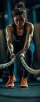 Asian sportswoman exercising with battle ropes in gym photo