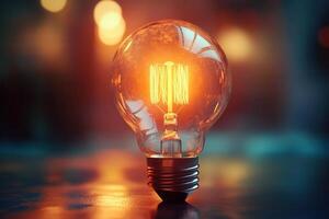 Bright light bulb shining on reflective surface, representing ideas and innovation photo