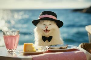 Elegant cat enjoying seaside lunch with fish and cheese photo
