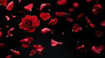 Red rose and petals falling down on black background photo