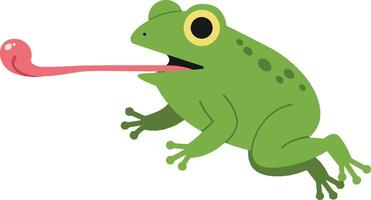 Green frog leaping with extended pink tongue in playful action, illustrated in a minimal style, vibrant colors, and cheerful tone, illustration vector
