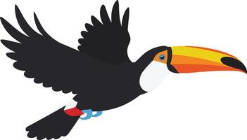 Colorful toucan in mid-flight showcasing vibrant beak and feathers in a flat design style featuring bold colors and clean lines, art vector