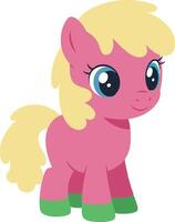 Cute pink pony with blonde mane and green hooves in a flat design style, showcasing a playful and cheerful expression, art vector