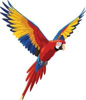 Vibrant red and yellow macaw soaring through clear sky in flat design art vector