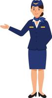 Airline flight attendant in a professional uniform gesturing with a welcoming smile in a flat illustration vector