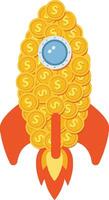 Rocket shaped like a corn cob covered in gold coins and dollar signs, featuring a blue circular window in a flat illustration vector