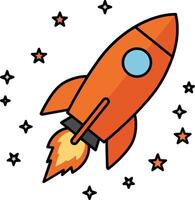 A colorful rocket soaring through a starry background in a playful flat design illustration vector