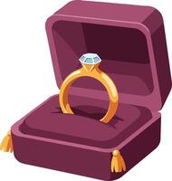 Elegant gold engagement ring displayed in a plush burgundy velvet box with a sparkling diamond on top, flat art vector