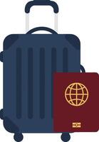 Dark blue suitcase with wheels and a maroon passport featuring a globe in minimal flat illustration vector