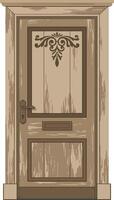 A detailed wooden door with intricate carvings and a vintage finish, showcasing rustic charm in flat art vector