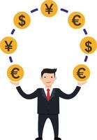 Businessman in a suit juggling currency symbols with a confident smile in a flat illustration, showcasing financial success and balance in a playful manner art vector
