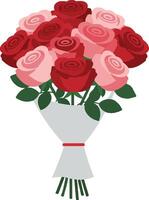 A vibrant bouquet of red and pink roses arranged elegantly in a white wrapping, showcasing a flat design style in art vector
