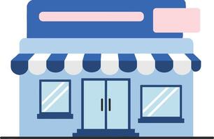 A charming blue storefront with striped awning and large windows in a minimal flat design illustration vector