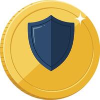 Golden coin with a blue shield emblem designed in a flat style representing security and trust in art vector